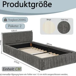 Lit 90x200 cm en tissu chenille Dark Gray, plis décoratifs, bois d'eucalyptus et cadre métal stable