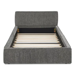 Lit 90x200 cm en tissu chenille Dark Gray, plis décoratifs, bois d'eucalyptus et cadre métal stable