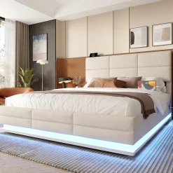 Lit 180x200 cm en velours beige avec tête de lit réglable, éclairage LED dimmable et grand rangement