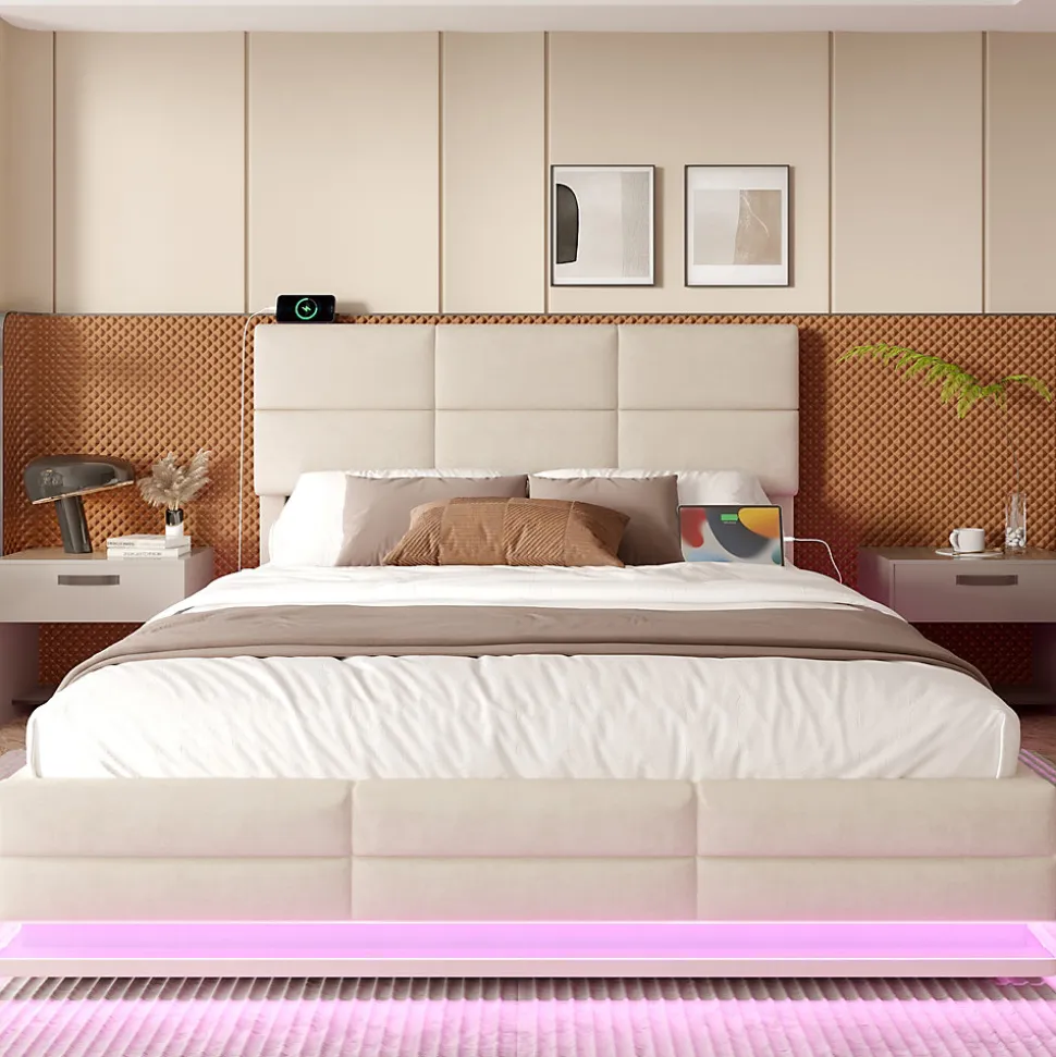 Lit 180x200 cm en velours beige avec tête de lit réglable, éclairage LED dimmable et grand rangement