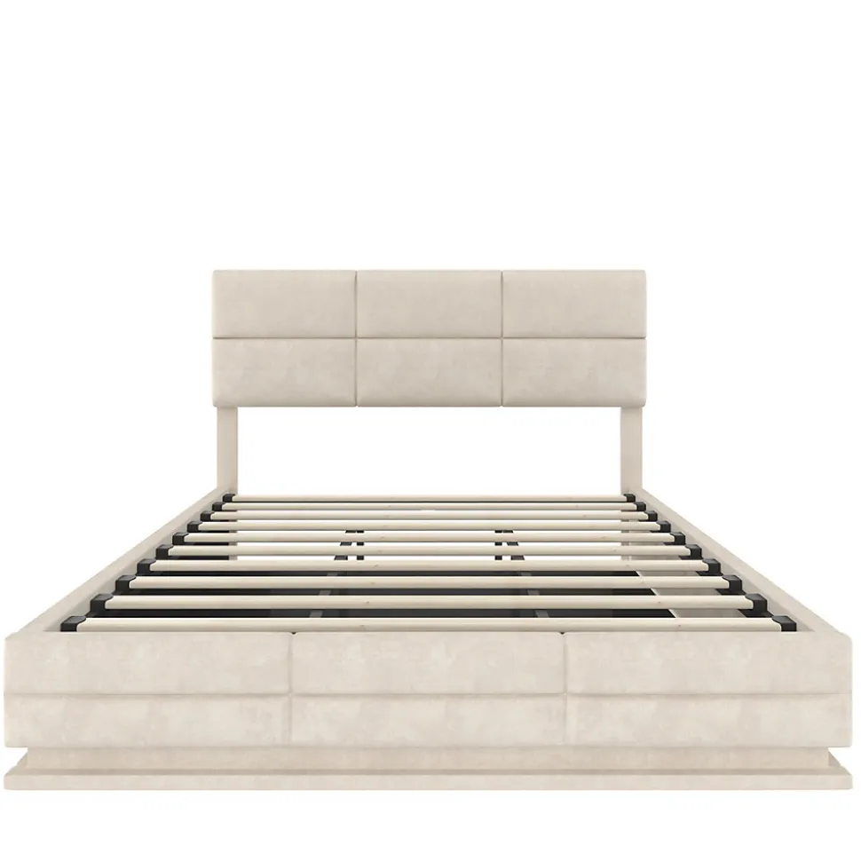 Lit 180x200 cm en velours beige avec tête de lit réglable, éclairage LED dimmable et grand rangement