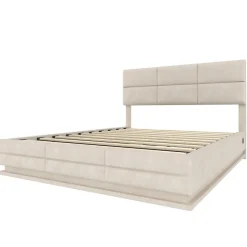 Lit 180x200 cm en velours beige avec tête de lit réglable, éclairage LED dimmable et grand rangement
