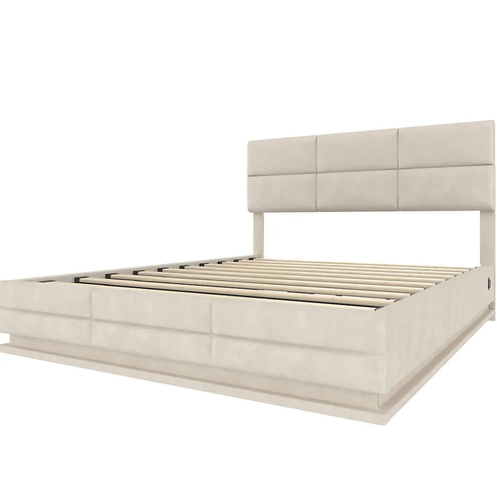 Lit 180x200 cm en velours beige avec tête de lit réglable, éclairage LED dimmable et grand rangement