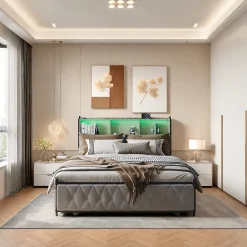 Lit 180x200 cm en velours beige avec tiroirs, tête de lit LED multicolore, USB/Type-C et rangement sous lit