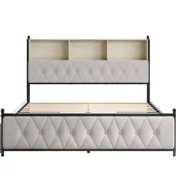 Lit 180x200 cm en velours beige avec tiroirs, tête de lit LED multicolore, USB/Type-C et rangement sous lit