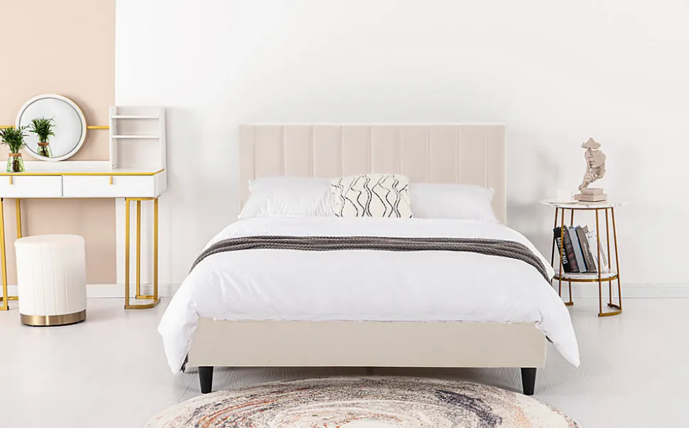 Lit 140x190 cm en velours beige - CAMBRIDGE