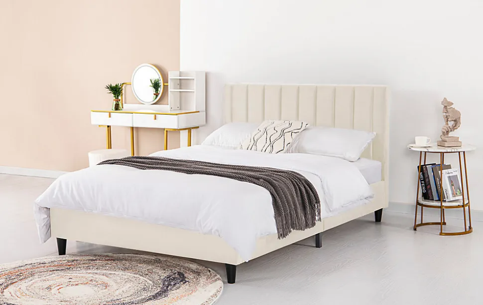 Lit 140x190 cm en velours beige - CAMBRIDGE