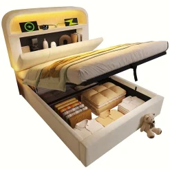 Lit 90x200 cm en velours beige avec tête de lit réglable et rangement hydropneumatique au design contemporain