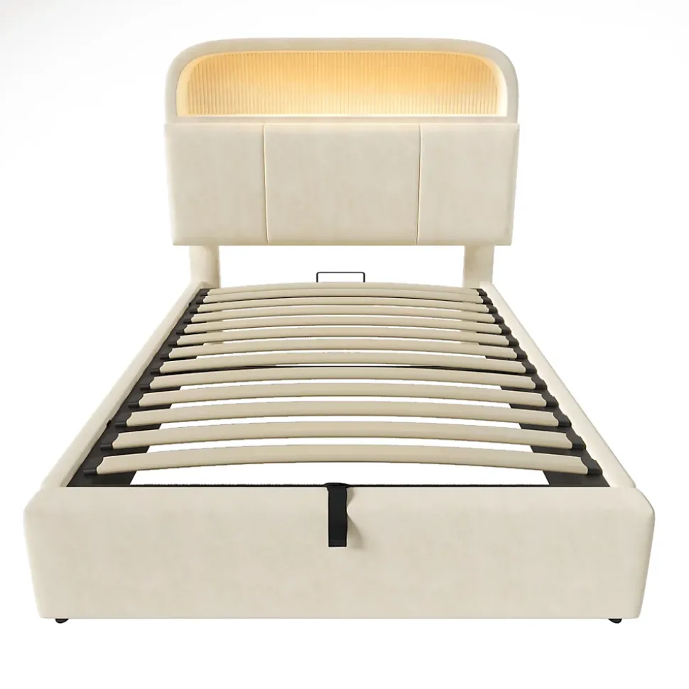 Lit 90x200 cm en velours beige avec tête de lit réglable et rangement hydropneumatique au design contemporain