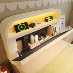 Lit 90x200 cm en velours beige avec tête de lit réglable et rangement hydropneumatique au design contemporain