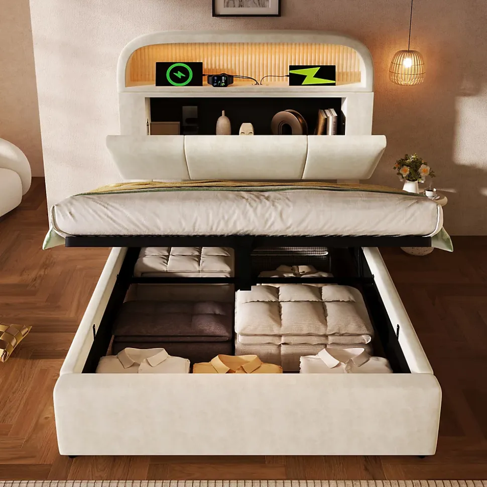 Lit 90x200 cm en velours beige avec tête de lit réglable et rangement hydropneumatique au design contemporain