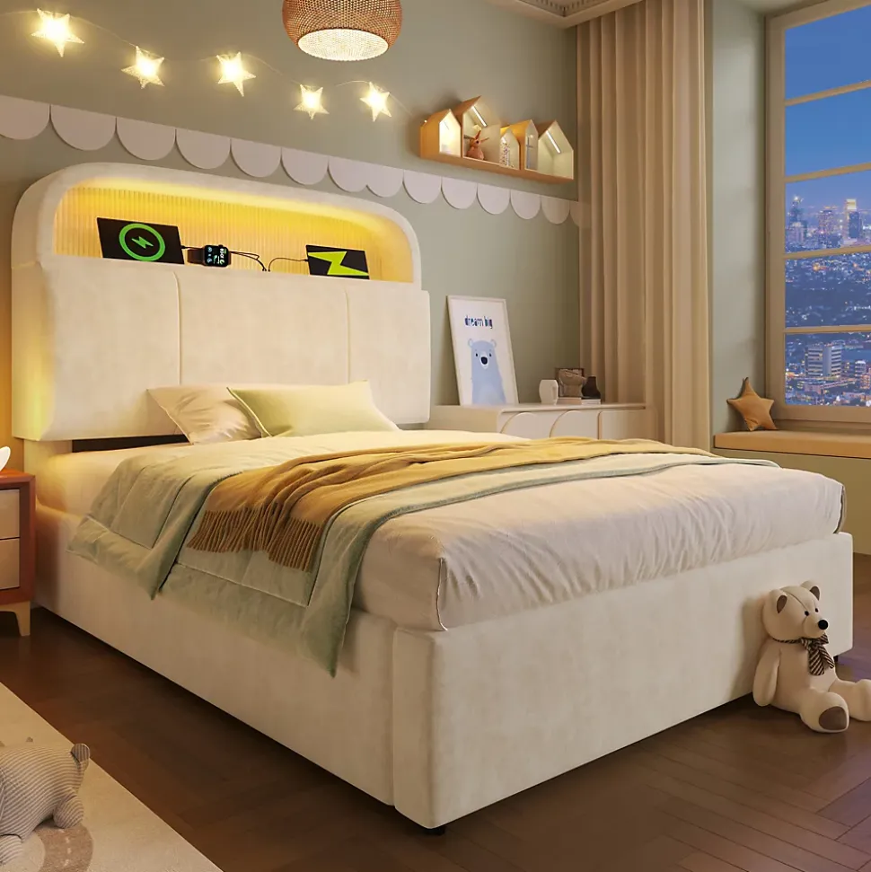 Lit 90x200 cm en velours beige avec tête de lit réglable et rangement hydropneumatique au design contemporain