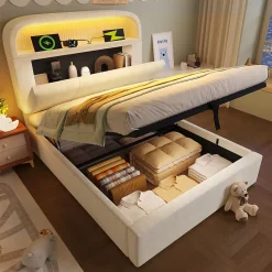 Lit 90x200 cm en velours beige avec tête de lit réglable et rangement hydropneumatique au design contemporain