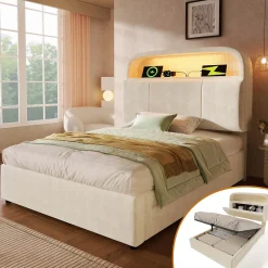 Lit 90x200 cm en velours beige avec tête de lit réglable et rangement hydropneumatique au design contemporain