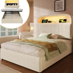 Lit 90x200 cm en velours beige avec tête de lit réglable et rangement hydropneumatique au design contemporain