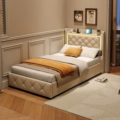 Lit 90x200 cm en velours beige avec tiroirs, rangement tête et lit à gaz, LED, ports USB/Type-C, design moderne et confortable