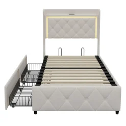 Lit 90x200 cm en velours beige avec tiroirs, rangement tête et lit à gaz, LED, ports USB/Type-C, design moderne et confortable