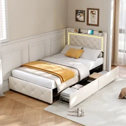 Lit 90x200 cm en velours beige avec tiroirs, rangement tête et lit à gaz, LED, ports USB/Type-C, design moderne et confortable