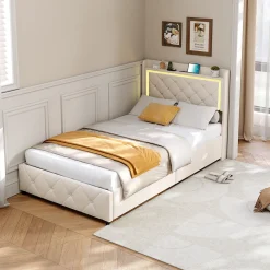 Lit 90x200 cm en velours beige avec tiroirs, rangement tête et lit à gaz, LED, ports USB/Type-C, design moderne et confortable