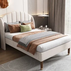Lit 90x200 cm en velours beige avec tête de lit matelassée et sommier à lattes bois, design contemporain