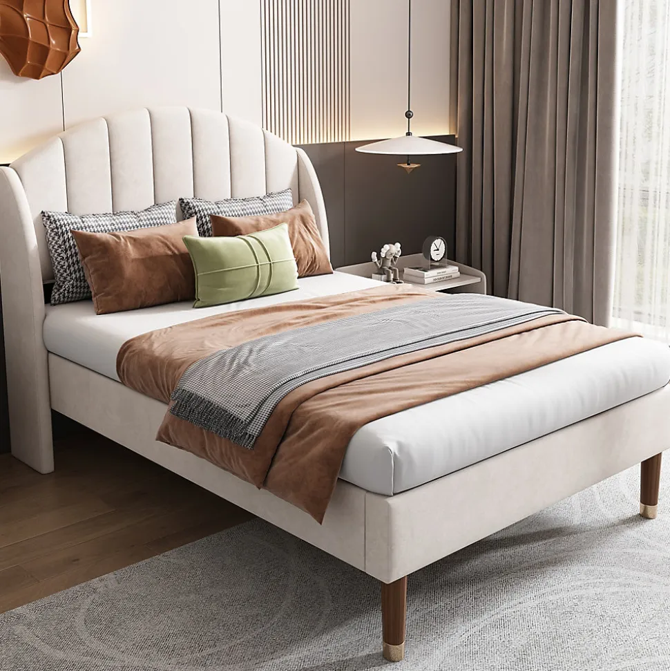 Lit 90x200 cm en velours beige avec tête de lit matelassée et sommier à lattes bois, design contemporain