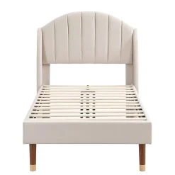 Lit 90x200 cm en velours beige avec tête de lit matelassée et sommier à lattes bois, design contemporain