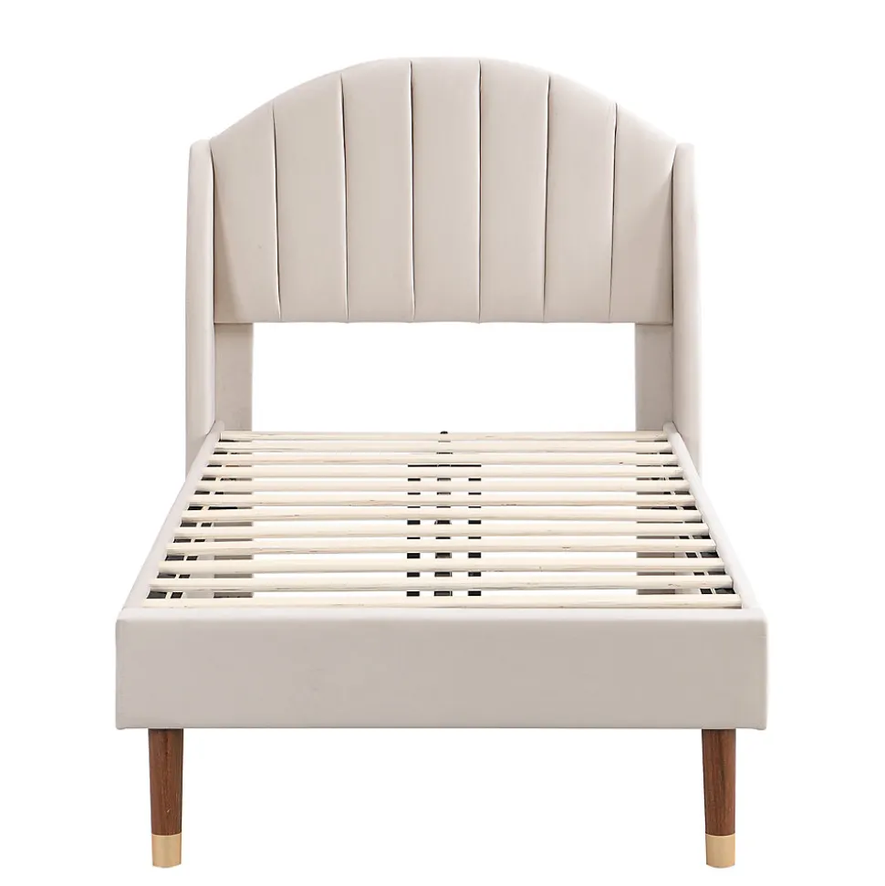 Lit 90x200 cm en velours beige avec tête de lit matelassée et sommier à lattes bois, design contemporain