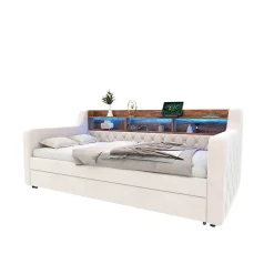 Lit 90x190 cm en velours beige avec rangement intégré, au design moderne et gain de place idéal pour studio
