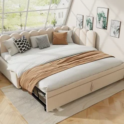 Lit 90x200 cm en velours beige, convertible en 180x200 cm, forme en L avec dossier rembourré