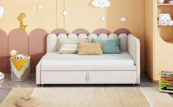 Lit 90x200 cm en velours beige, convertible en 180x200 cm, forme en L avec dossier rembourré