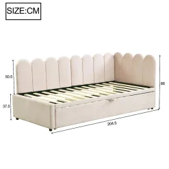 Lit 90x200 cm en velours beige, convertible en 180x200 cm, forme en L avec dossier rembourré