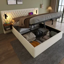 Lit 180x200 cm en velours beige, tête de lit rembourrée et rangement hydraulique avec tables de chevet