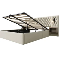 Lit 180x200 cm en velours beige, tête de lit rembourrée et rangement hydraulique avec tables de chevet