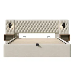 Lit 180x200 cm en velours beige, tête de lit rembourrée et rangement hydraulique avec tables de chevet