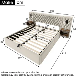 Lit 180x200 cm en velours beige, tête de lit rembourrée et rangement hydraulique avec tables de chevet