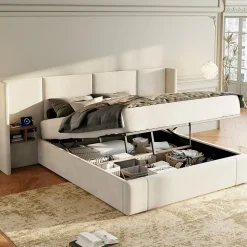 Lit 160x200 cm en velours beige avec rangement hydraulique, 2 tables de chevet et prises USB