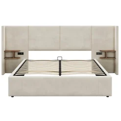 Lit 160x200 cm en velours beige avec rangement hydraulique, 2 tables de chevet et prises USB