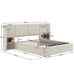 Lit 160x200 cm en velours beige avec rangement hydraulique, 2 tables de chevet et prises USB