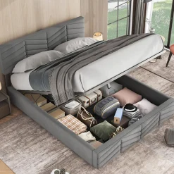 Lit 140x190 cm en velours gris avec rangement hydraulique, tête de lit réglable et finition rayée élégante