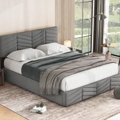Lit 140x190 cm en velours gris avec rangement hydraulique, tête de lit réglable et finition rayée élégante