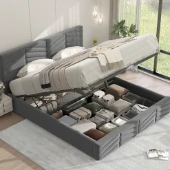 Lit 140x190 cm en velours gris avec rangement hydraulique, tête de lit réglable et finition rayée élégante