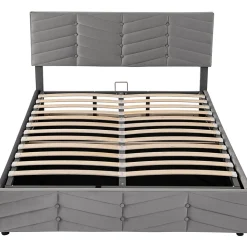 Lit 140x190 cm en velours gris avec rangement hydraulique, tête de lit réglable et finition rayée élégante