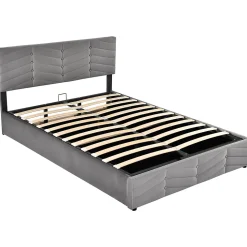 Lit 140x190 cm en velours gris avec rangement hydraulique, tête de lit réglable et finition rayée élégante