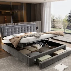 Lit 180x200 cm en velours gris avec grand coffre de rangement et tête de lit réglable, style européen élégant