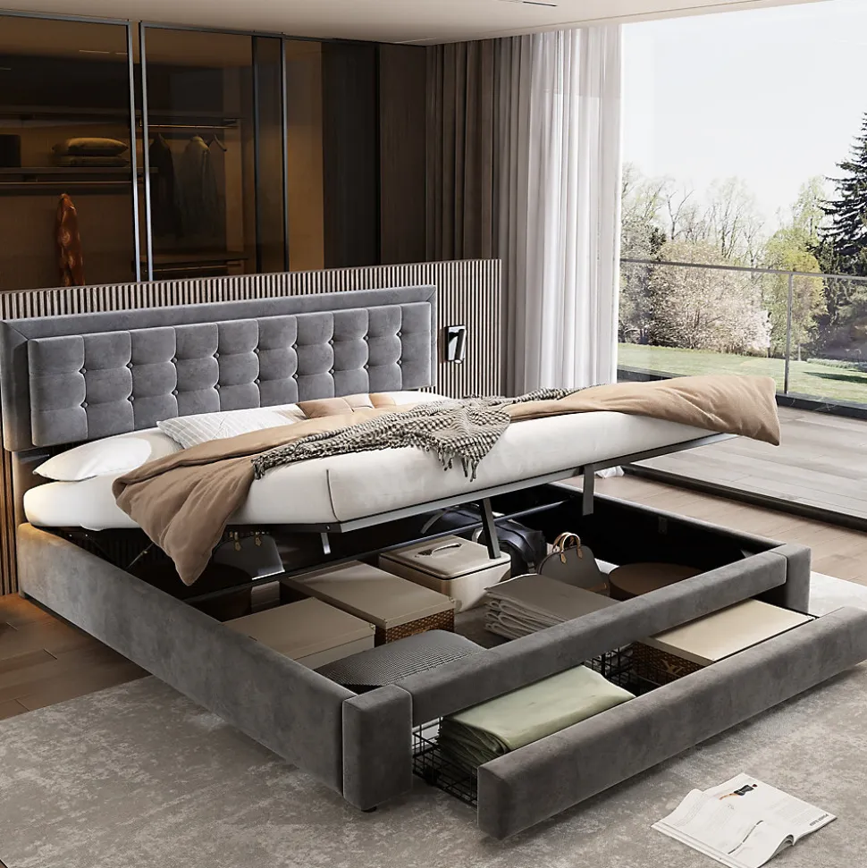 Lit 180x200 cm en velours gris avec grand coffre de rangement et tête de lit réglable, style européen élégant