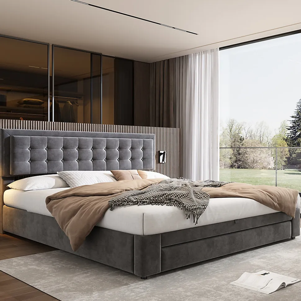 Lit 180x200 cm en velours gris avec grand coffre de rangement et tête de lit réglable, style européen élégant