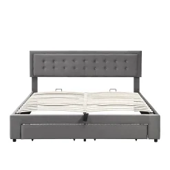 Lit 180x200 cm en velours gris avec grand coffre de rangement et tête de lit réglable, style européen élégant