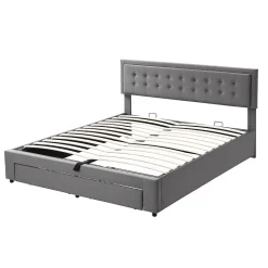 Lit 180x200 cm en velours gris avec grand coffre de rangement et tête de lit réglable, style européen élégant