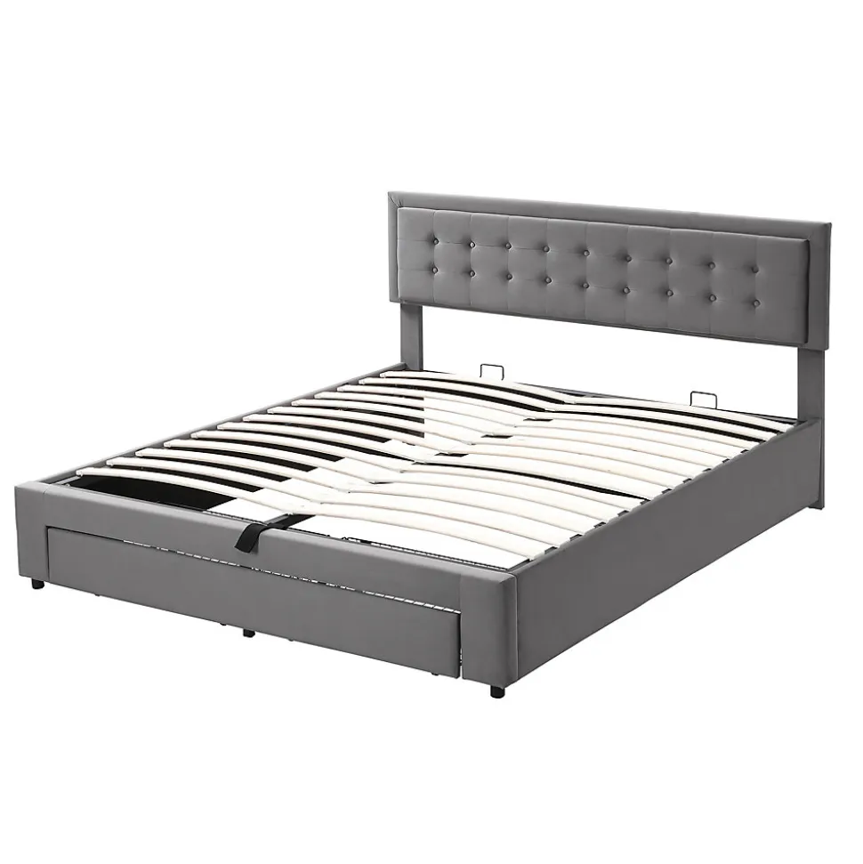 Lit 180x200 cm en velours gris avec grand coffre de rangement et tête de lit réglable, style européen élégant