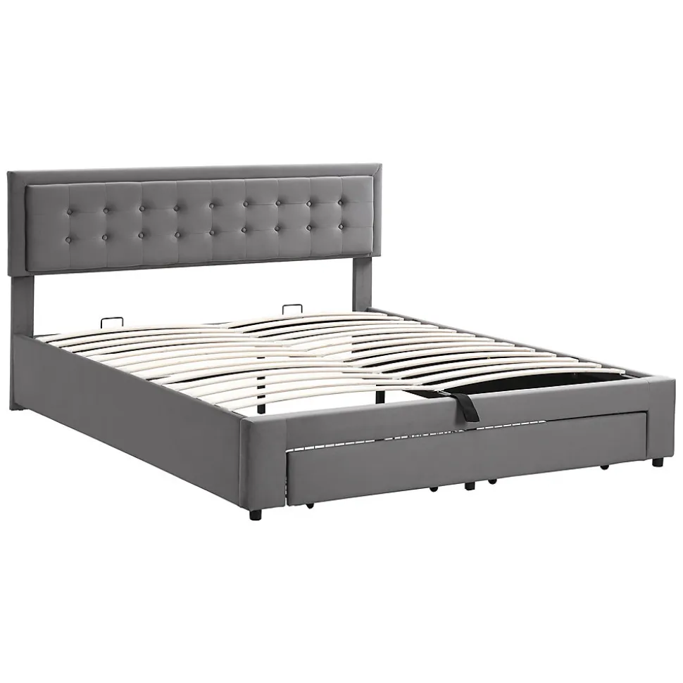 Lit 180x200 cm en velours gris avec grand coffre de rangement et tête de lit réglable, style européen élégant